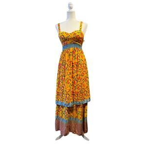 FARM RIO x ANTHROPOLOGIE Anjou Yellow Tiered Maxi Dress Size 0/XS